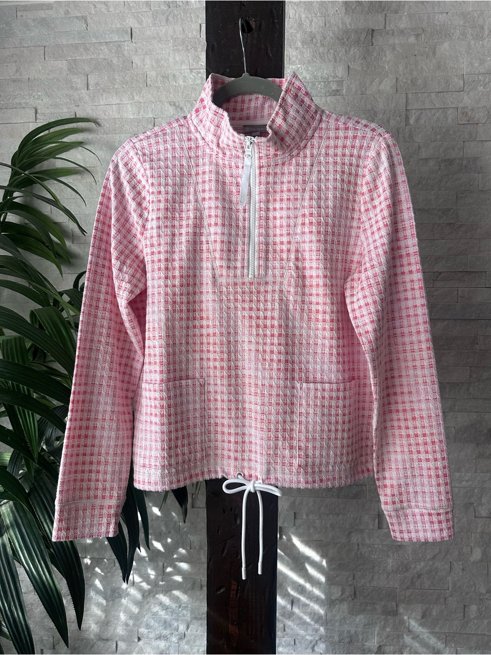 TALBOTS Pink Half-Zip Picnic Jaquard Plaid Pullover Jacket Size S New Tags